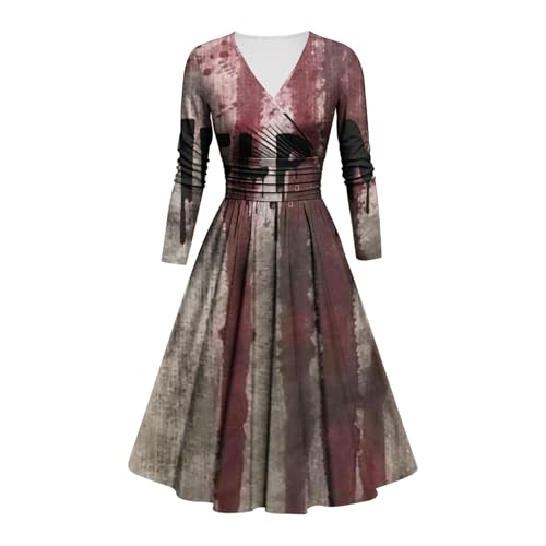 Kostüm Halloween Damen Schrecklich Blutig Halloween-Kleid Horror Blutigem Aufdruck Zombie Braut Kostüm Langen Arme V Neck Herbstkleid A Linie Knielang Midikleid Cosplay Kostüme(#B Light Gray,3XL) von LILIHOT