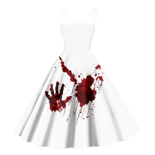 LILIHOT Halloween Kostüm Damen Gruselig Blutige Halloween-Kleid Horror Blutabdruck Zombie Braut Kostüm Ärmellose Spaghettiträger Herbstkleid A-Linie Hohe Taille Midikleid Cosplay Kostüme(#A Beige,XXL von LILIHOT