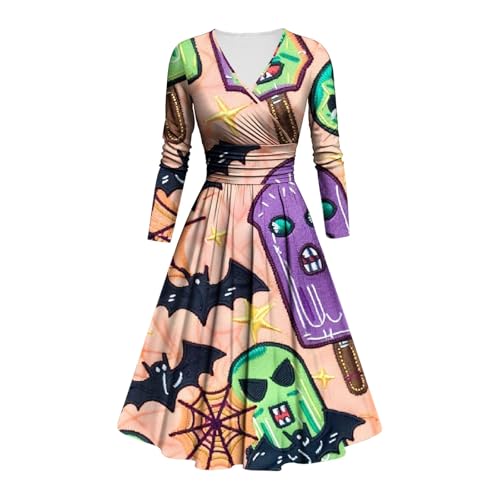 LILIHOT Halloween Kostüm Damen Gruselig Blutige Halloween-Kleid Horror Blutabdruck Zombie Braut Kostüm Langen Armen V-Ausschnitt Herbstkleid A Linie Knielang Midikleid Cosplay Kostüme(#C Champagne,S) von LILIHOT