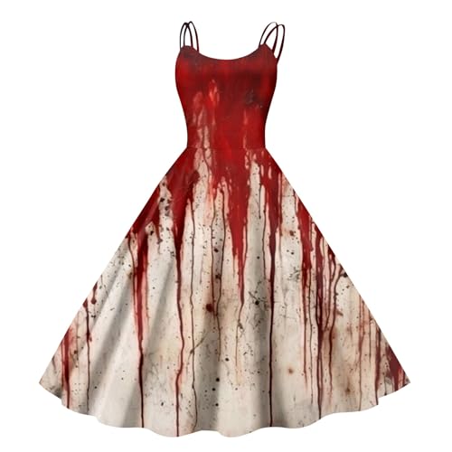 LILIHOT Halloween Kostüm Damen Schrecklich Blutig Halloween-Kleid Horror Blutabdrücke Zombie Braut Kostüm Ärmellose Spaghettiträger Herbstkleid A-Linie Knielang Midikleid Cosplay Kostüme(#A Pink,XL von LILIHOT