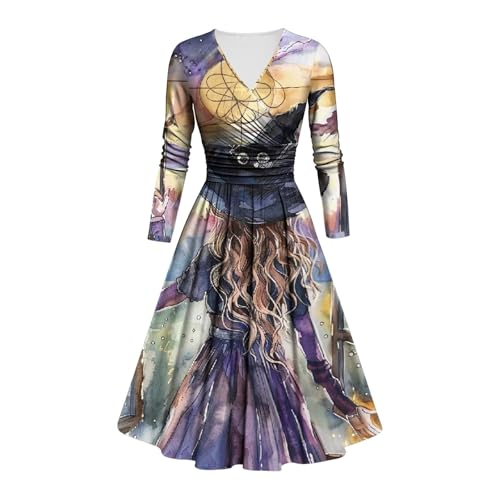LILIHOT Halloween Kostüm Damen Schrecklich Blutig Halloween-Kleid Horror Blutigem Aufdruck Zombie Braut Kostüm Langarm V Neck Herbstkleid A Linie Knielang Midikleid Cosplay Kostüme(#C Dark Purple,S) von LILIHOT