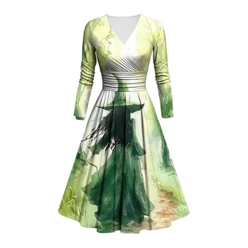LILIHOT Halloween Kostüm Damen Schrecklich Blutig Halloween-Kleid Horror Blutiger Druck Zombie Braut Kostüm Langarm V Neck Herbstkleid A-Linie Hohe Taille Knielang Midikleid Cosplay Dress(#B Green,S) von LILIHOT