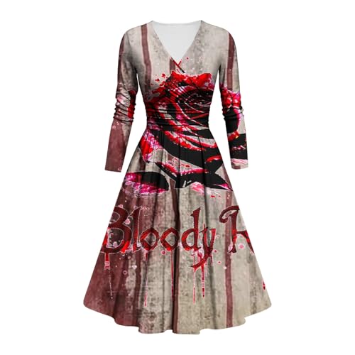 LILIHOT Kostüm Halloween Damen Gruselig Blutige Halloween-Kleid Horror mit Blutigem Aufdruck Zombie Braut Kostüm Langarm V Neck Herbstkleid A Linie Knielang Midikleid Cosplay Kostüme(#B Deep Red,4XL) von LILIHOT