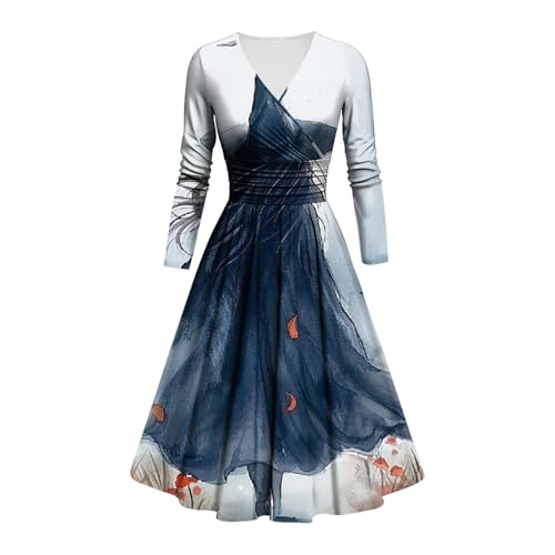 LILIHOT Kostüm Halloween Damen Gruselig Blutige Halloween-Kleid Horror mit Blutigem Aufdruck Zombie Braut Kostüm Langarm V Neck Herbstkleid A Linie Knielang Midikleid Cosplay Kostüme(#C Dark Blue,S) von LILIHOT