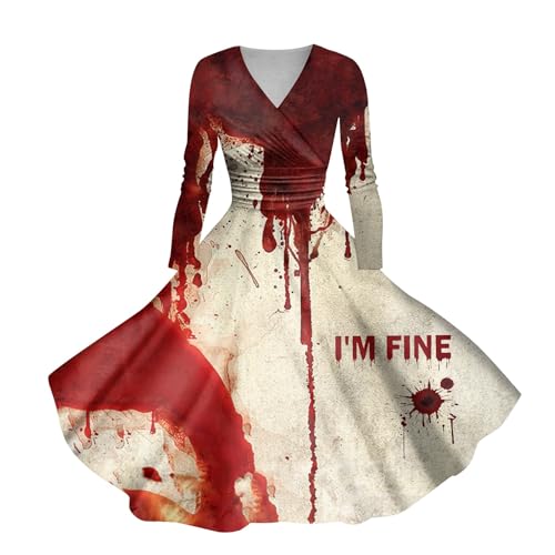 LILIHOT Kostüm Halloween Damen Gruselig Blutige Halloween-Kleidung Horror Blutabdruck Zombie Braut Kostüm Langarm V Neck Herbstkleid A-Linie Hoher Bund Knielang Midikleid Cosplay Kostüme(#A Khaki,L) von LILIHOT