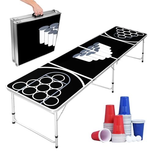 LILIIN Bierpong Tische Set Klappbarer Trinkspiel Tisch 3 Höhenverstellbar Beer Pong Tisch mit 5 Weißen Tischtennisbällen, 50 Roten und 50 Blauen Bechern Beerpong Table für Partyspiele von LILIIN