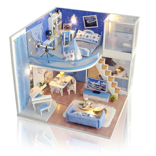 DIY Handgefertigtes Puppenhaus-Möbel-Set, 2-stöckiges Holzhaus mit LED-Lichtern und staubdichter Abdeckung, Miniatur-Zimmer-Modell für Erwachsene und Jugendliche von LINARA