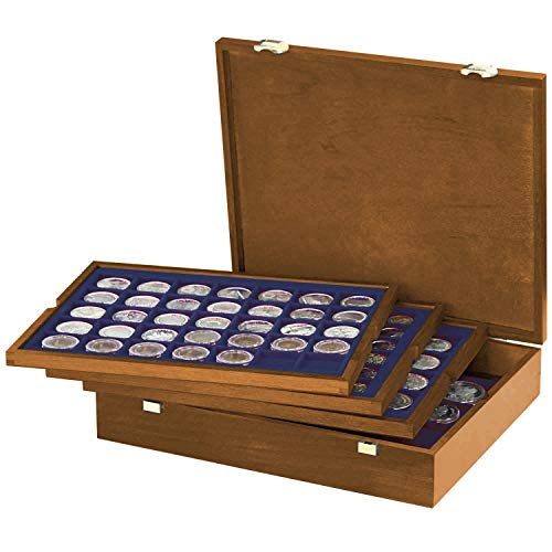 LINDNER Das Original Echtholz Münzkassette mit 4 blauen Tableaus für 127 Münzen unterschiedlicher Durchmesser von LINDNER Das Original