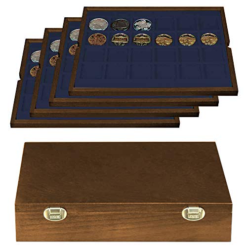 LINDNER Das Original Echtholz Münzkassette mit 4 blauen Tableaus für 96 Münzen/Münzkapseln bis Ø 42 mm von LINDNER Das Original