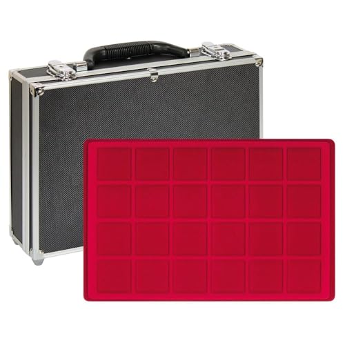 LINDNER Das Original Großer Münzen-Sammelkoffer mit 8 roten Münztableaus für 192 Münzen oder Münzkapseln bis 45 mm Ø von LINDNER Das Original