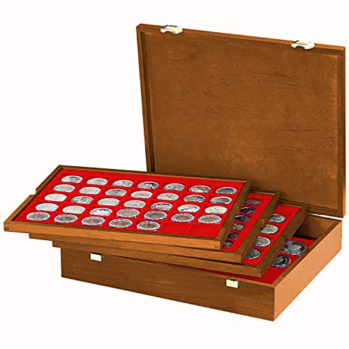LINDNER Echtholz Münzkassette mit 4 hellroten Tableaus für 127 Münzen unterschiedlicher Ø von LINDNER Das Original