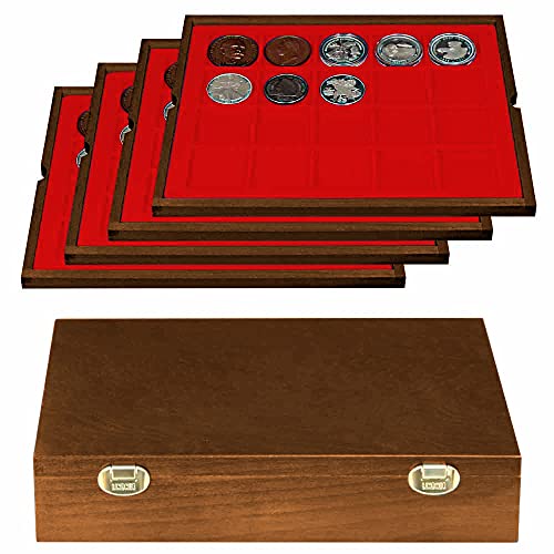 LINDNER Echtholz Münzkassette mit 4 hellroten Tableaus für 80 Münzen/Münzkapseln bis Ø 47 mm von LINDNER Das Original