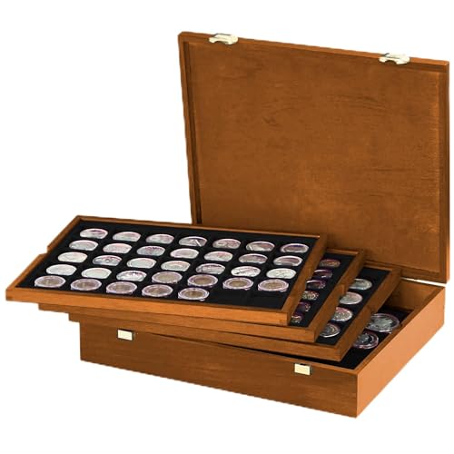 LINDNER Echtholz Münzkassette mit 4 schwarzen Tableaus für 127 Münzen unterschiedlicher Ø von LINDNER Das Original