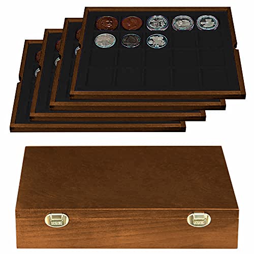 LINDNER Echtholz Münzkassette mit 4 schwarzen Tableaus für 80 Münzen/Münzkapseln bis Ø 47 mm von LINDNER Das Original