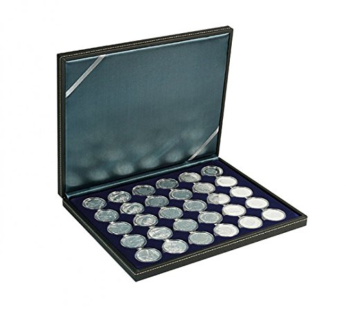 Münzkassette NERA M mit dunkelblauer Münzeinlage mit 30 runden Vertiefungen für Münzkapseln mit Außen-Ø 37,5 mm, z.B. für orig. verkapselte deutsche 20 Euro-/10 Euro-Silbermünzen in Spiegelglanz von LINDNER Das Original