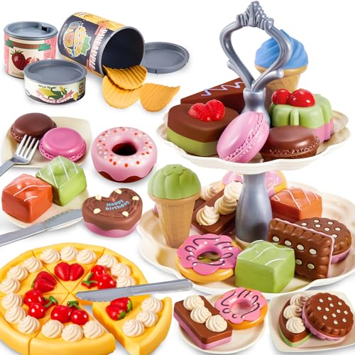 LINFUN KIDS Kinderküche Dessert Set Kinder Spielzeug Küchenzubehör Lebensmittel Spielzeug mit Dessert Ständer Lernspielzeug Geschenk für Kinder ab 3 4 5 Jahren von LINFUN KIDS