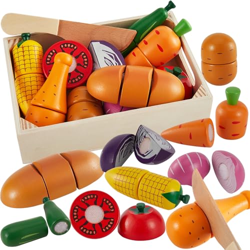 LINFUN KIDS Holz Gemüse zum Schneiden Kinderküche Spielküche Zubehör ,Schneidespielzeug Brot Hähnchenschenkel Lebensmittel Spielzeug Geschenk für Kinder ab 3 4 5 Jahren von LINFUN KIDS