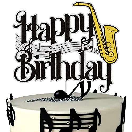 Saxophon Happy Birthday Cake Topper Schwarz Gold Glitzer Saxophon Musik Noten Kuchen Dekorationen Musik Liebhaber Band Thema Geburtstag Party Supplies für Musiker Saxophon Happy Birthday Cake Topper Schwarz Gold Glitzer Saxophon Musik Noten Kuchen Dekorationen Musik Liebhaber Band Thema Geburtstag Party Supplies für Musiker von LINGBOOM