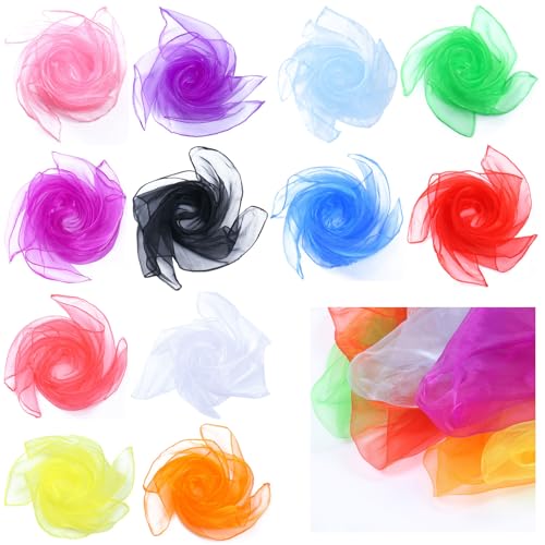 LINGJIA 12 Stück Chiffontücher, Seidentücher Baby, 60*60cm Seidentücher Kinder, Bunte Tücher Baby, Kindergartentanztuch Erwachsenentanztuch, Quadratisches JongliertuchTanz, Jonglage, Sinneswerkzeuge von LINGJIA