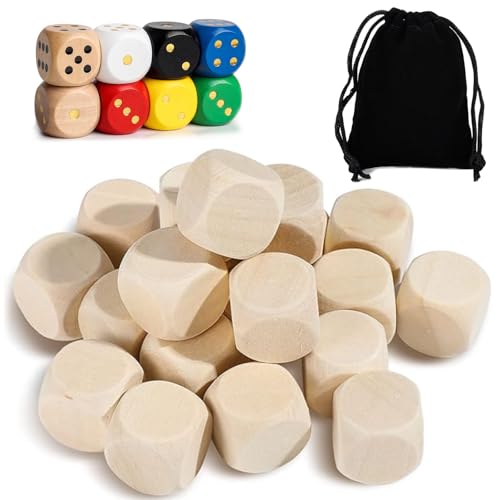 LINGJIA 30 Stück Farbwürfel, 2 * 2cm Entscheidungswürfel, Würfel zum Selbst Gestalten, Holzsieb, Blanko Würfel, Holzwürfel, Unbemalte Würfel, Tasche Mit Kordelzug, DIY Handwerkswürfel von LINGJIA