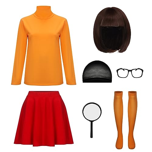 LINKOM Damen Velma Kostüm Orange Rollkragen Top Roter Rock Bob Perücke Brille Lupe und Socken Halloween Anzug, Orange/Abendrot im Zickzackmuster (Sunset Chevron), XXL von LINKOM
