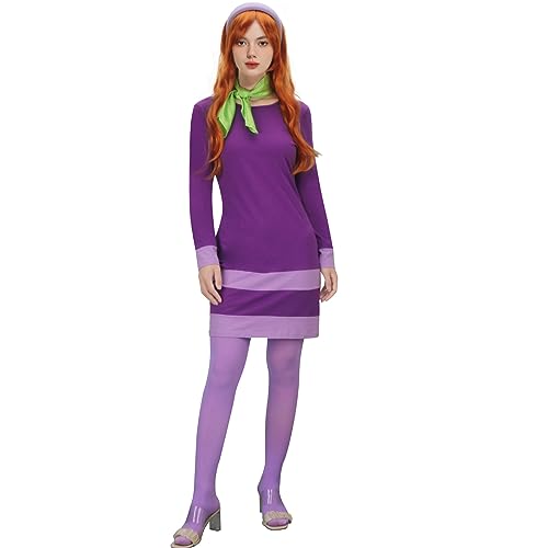 LINKOM Langärmeliges Halloween-Kostüm für Damen, lila, figurbetontes Minikleid mit Perücke, Stirnband, Schal, Oberschenkelhohe Socken, Violett, L LINKOM Langärmeliges Halloween-Kostüm für Damen, lila, figurbetontes Minikleid mit Perücke, Stirnband, Schal, Oberschenkelhohe Socken, Violett, L von LINKOM