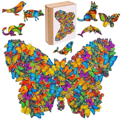 LINPopUp® Holzpuzzle für Erwachsene, Kinder, mit einzigartigen Tierform Puzzleteile, mit hochwertigem Geschenkbox aus Holz, als Geschenk Geburtstag, Einschulung, Holz Puzzle Schmetterling, N003 von LINPOPUP