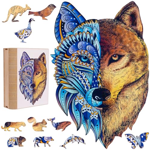 LINPopUp® Holzpuzzle für Erwachsene und Kinder, mit einzigartigen Tierform Puzzleteile, mit hochwertigem Geschenkbox aus Holz, als Geschenk zum Geburtstag, zur Einschulung, Holz Puzzle Wolf, N001 von LINPOPUP