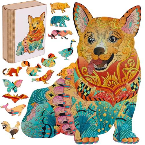 LINPopUp Original Holzpuzzle für Erwachsene und Kinder, mit einzigartigen Tierform Puzzleteile, mit hochwertigem Geschenkbox aus Holz, als Geschenk zum Geburtstag, zur Einschulung, Hund, N002 von LINPOPUP