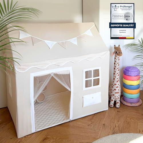 LIONHERZ® Spielhaus mit Briefkasten für Kinder | Spielzelt mit Matte & Wimpelkette | Kinderhaus mit 3 Fenstern [blickdichter Türvorhang] Kinderzelt Indoor Kinderzimmer Mädchen & Jungen (Cremeweiß) von LIONHERZ
