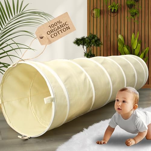 LIONHERZ® Spieltunnel für Kinder aus 100% Baumwolle mit Klettverschlüssen | Krabbeltunnel für Baby [180cm x 46cm] Faltbarer Pop-up Kriechtunnel | Krabbelrolle für Kinderzimmer, Spielzelt (Cremeweiß) von LIONHERZ