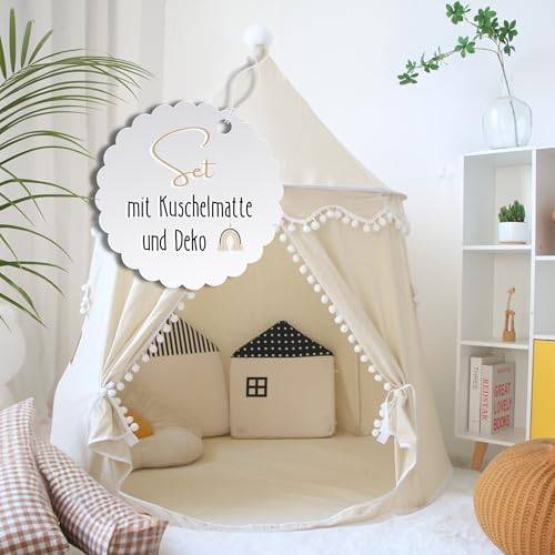 LIONHERZ® DAS ORIGINAL Spielzelt für Kinder, atmungsaktiv aus Baumwolle&Hanf | Märchenschloss mit Fiberglasstangen, Tasche, Matte und Deko | stabiles Tipi Jungen Mädchen (Cremeweiß, mit Zubehör) von LIONHERZ
