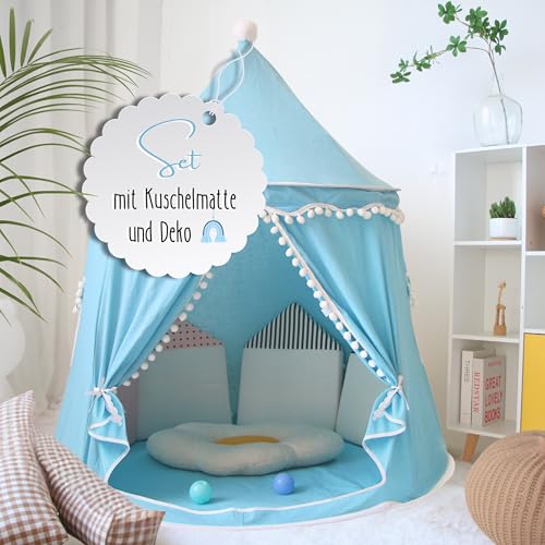 LIONHERZ® Spielzelt für Kinder, atmungsaktiv aus Baumwolle&Hanf | Prinzenschloss mit Fiberglasstangen, Tasche, Matte und Deko | stabiles Spielhaus Indoor | Tipi Jungen (Himmelblau, mit Zubehör) von LIONHERZ