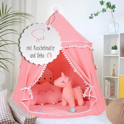 LIONHERZ® Spielzelt für Kinder, atmungsaktiv aus Baumwolle&Hanf | Prinzessinnenschloss mit Fiberglasstangen, Tasche, Matte und Deko | stabiles Spielhaus Indoor | Tipi Mädchen (Korallrosa, mit Zubehör) von LIONHERZ