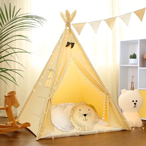LIONHERZ® DAS ORIGINAL Tipi Zelt für Kinder aus 100% Baumwolle mit Federdeko, Kuschelmatte, Stabilisator, Tasche, Wimpelkette und 2 Kissen [Stabil] Tippi Kinderzelt, Teepee Spielzelt (großes Set) von LIONHERZ