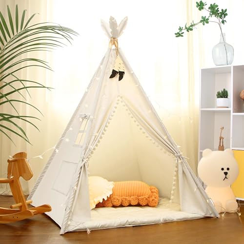 LIONHERZ® Tipi Zelt für Kinder aus 100% Baumwolle mit Kuschelmatte, Tragetasche und Federschmuck [Stabil] Tippi Kinderzelt Teepee Spielzelt (Reinweiß) von LIONHERZ