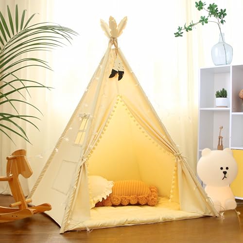 LIONHERZ® DAS ORIGINAL Tipi Zelt für Kinder aus 100% Baumwolle mit Federdeko, Kuschelmatte, Stabilisator, Tragetasche [Stabil] Tippi Kinderzelt Teepee Spielzelt (Cremeweiß) von LIONHERZ