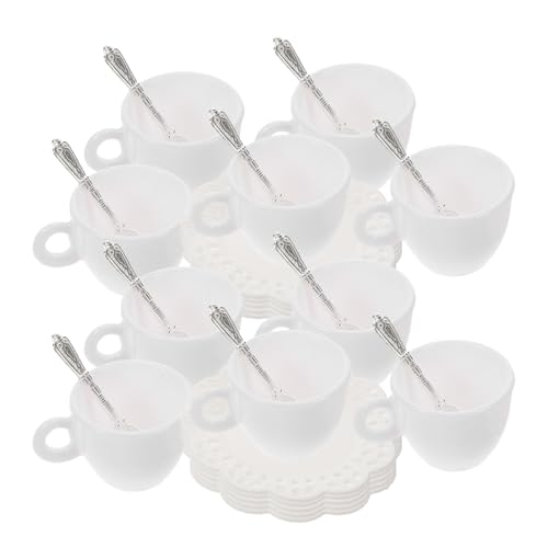 LIOOBO 10 Sets Realistisches Miniatur-kaffeetassen-Set, Weiße Puppenhaus-Becher, Winzige Plastiktassen Mit Untertassen Und Metalllöffeln, Puppenküchenzubehör Für Kinder, Rollenspiele, von LIOOBO