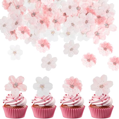 LIQWEI 50 Stück Tortendeko Essbar Blumen für Torte, Rosa Kirschblüten Deko 3D Blumen Cupcake Topper Klebreispapier Blumendekorationen für Hochzeiten Geburtstage Jubiläum Party Deko Mädchen von LIQWEI