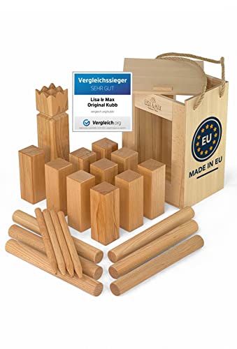 Wikinger Kubb Spiel Test SEHR GUT - aus FSC®- zertifiziertem Holz - Schweden Schach Made in EU - Original Vikinger Wurfspiel Turniermaße - Schwedenschach für riesigen Outdoor Spaß von LISA & MAX