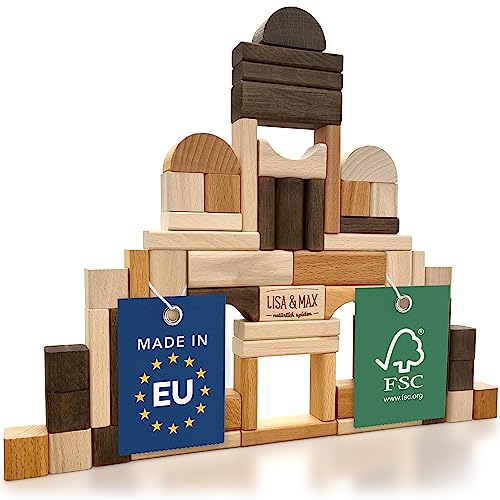 LISA & MAX Premium Holzbausteine (60 Teile) ab 1 Jahr - 100% natürlich, Made in EU, aus FSC®- zertifiziertem Holz - Holz Bausteine für Kinder ab 1 Jahr - Holzbausteine Natur - Bauklötze Holz Baby von LISA & MAX