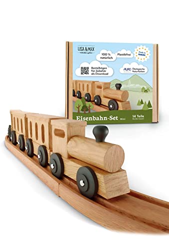 LISA & MAX Holzeisenbahn Set (14 Teile) im stilvollen Retro-Look - Made in EU aus FSC®- zertifiziertem Holz - für Kinder aus Naturfarben und ohne Plastik - Holz Eisenbahnen, Schienen und Holzzug von LISA & MAX