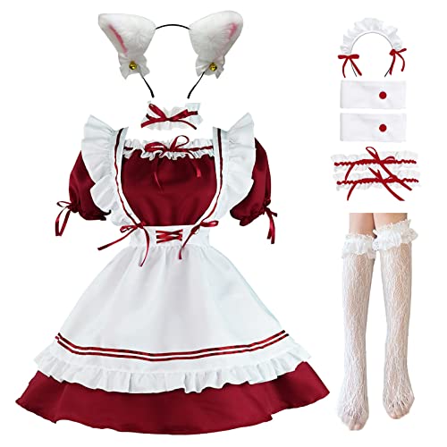 LISANEK Maid Outfit Anime Cosplay Lolita Dienstmädchenkleid Französisches Dienstmädchen-Kostüm Plüsch Katzenohren Socken Set (S, Rot) von LISANEK