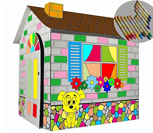 Littlefun Kinder Faltbare Karton Spielhaus Kit Kind Premium-Papier Spielhaus BAU Marker enthalten (Karikatur Hütte) von Littlefun