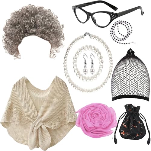 LIUASMUE Alte Dame Cosplay Kostüm Set Perücken Brille Halskette Schal Kostüm Zubehör Für Halloween Maskerade Party Requisiten Rollenspiel Anzug Für Cosplay von LIUASMUE