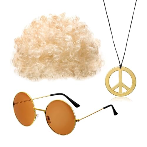 LIUASMUE Hippie Kostüm Set Hippie Sonnenbrille Friedenszeichen Halskette Schnurrbärte Dicos Halskette Perücken 80er Jahre Accessoires Geschenke Hippie Kostüm Set von LIUASMUE
