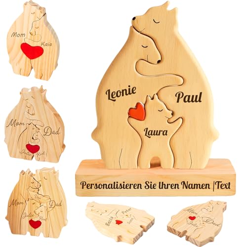 Personalisierte Geschenk-Holzkunstpuzzle der Bärenfamilie,Holz Bär Skulpturen mit 2-7 Namen Graviert,Desktop Ornament Home Tischdekoration,Geschenke für Familie Muttertag Vatertag (Stil-A) von LIUBAI