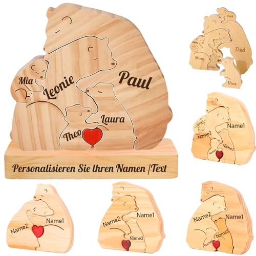 Personalisierte Geschenk-Holzkunstpuzzle der Bärenfamilie,Holz Bär Skulpturen mit 2-7 Namen Graviert,Desktop Ornament Home Tischdekoration,Geschenke für Familie Muttertag Vatertag (Stil-B) von LIUBAI