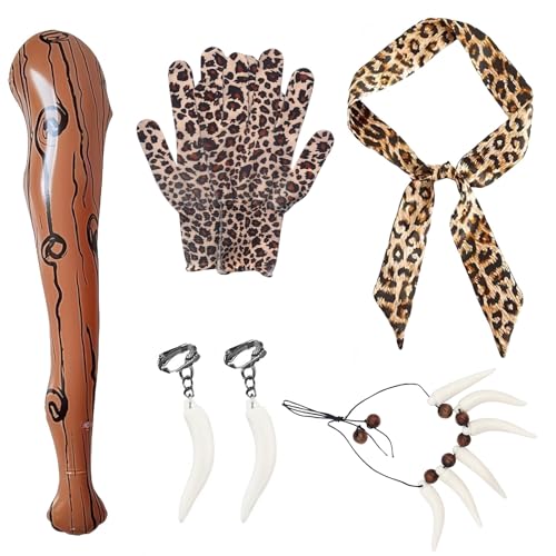 5 Stück wilde Höhlenmensch-Kostüme, inklusive aufblasbarem Holzstab, Leopardenmuster, Schal und Handschuhe, elfenbeinfarbene Halskette und Ohrringe, Höhlenmensch-Kostüm-Zubehör für Erwachsene und 5 Stück wilde Höhlenmensch-Kostüme, inklusive aufblasbarem Holzstab, Leopardenmuster, Schal und Handschuhe, elfenbeinfarbene Halskette und Ohrringe, Höhlenmensch-Kostüm-Zubehör für Erwachsene und von LIUQOBN