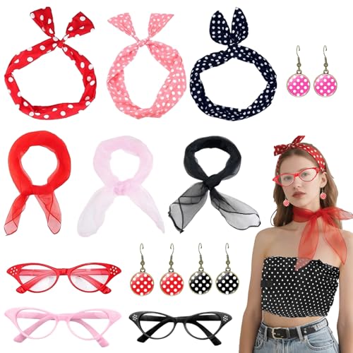 LIUQOBN 12-teiliges 50er-Jahre-Kostüm-Zubehör, 1950er-Jahre-Kostüm-Zubehör, Set mit Schal, Brille, gepunktet, Ohrringe, Stirnband für 50er-Jahre-Motto-Party-Zubehör, Kostüm LIUQOBN 12-teiliges 50er-Jahre-Kostüm-Zubehör, 1950er-Jahre-Kostüm-Zubehör, Set mit Schal, Brille, gepunktet, Ohrringe, Stirnband für 50er-Jahre-Motto-Party-Zubehör, Kostüm von LIUQOBN